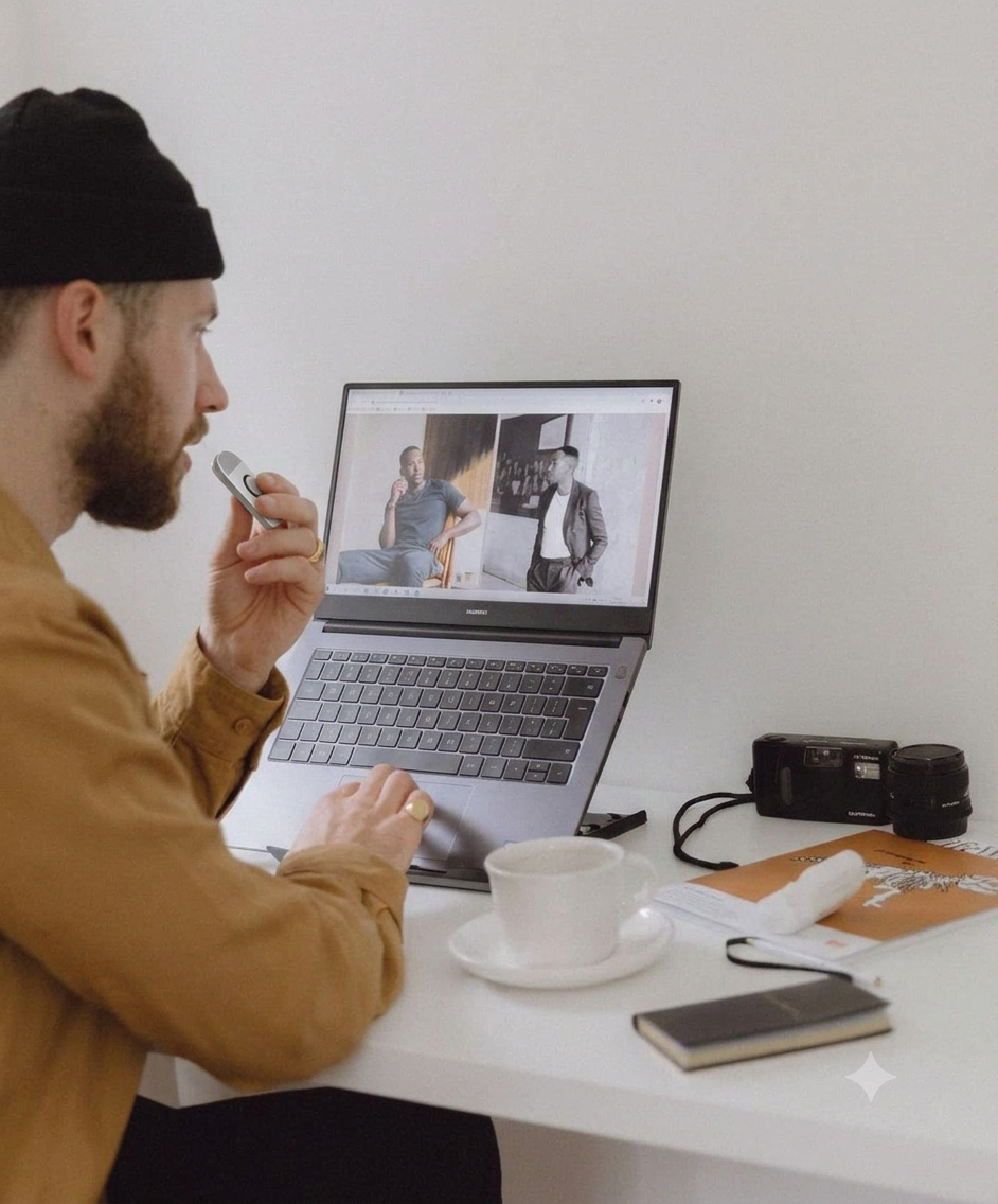 CAIO used on a bright morning — reference images on the laptop