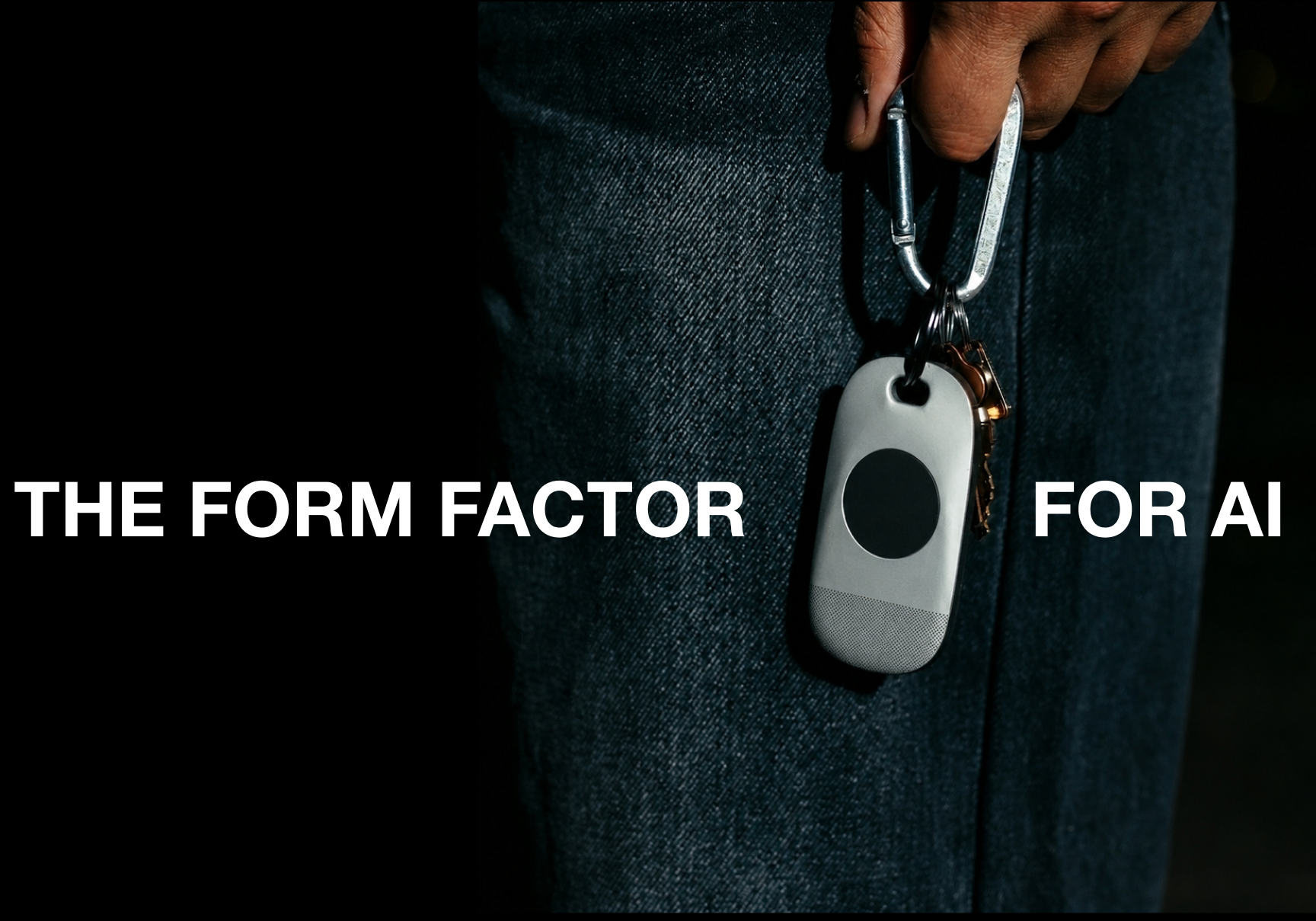 THE FORM FACTOR FOR AI — CAIO clipped to a carabiner at the belt loop