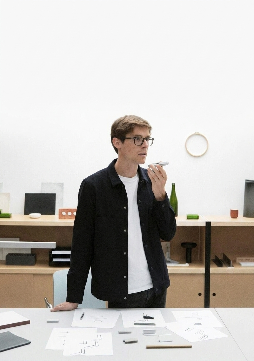 CAIO in a design studio, surrounded by sketches