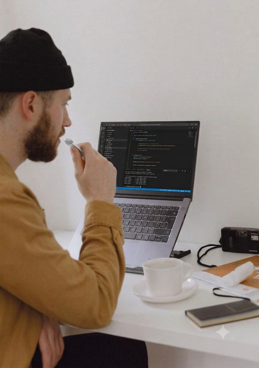 Voice coding session — CAIO held to the mouth, code on screen