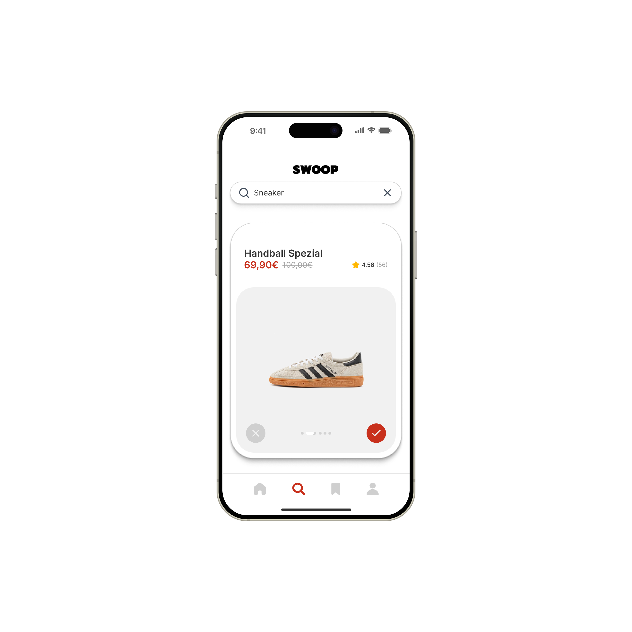 Swoop deals mobile app showing a swipeable deal card