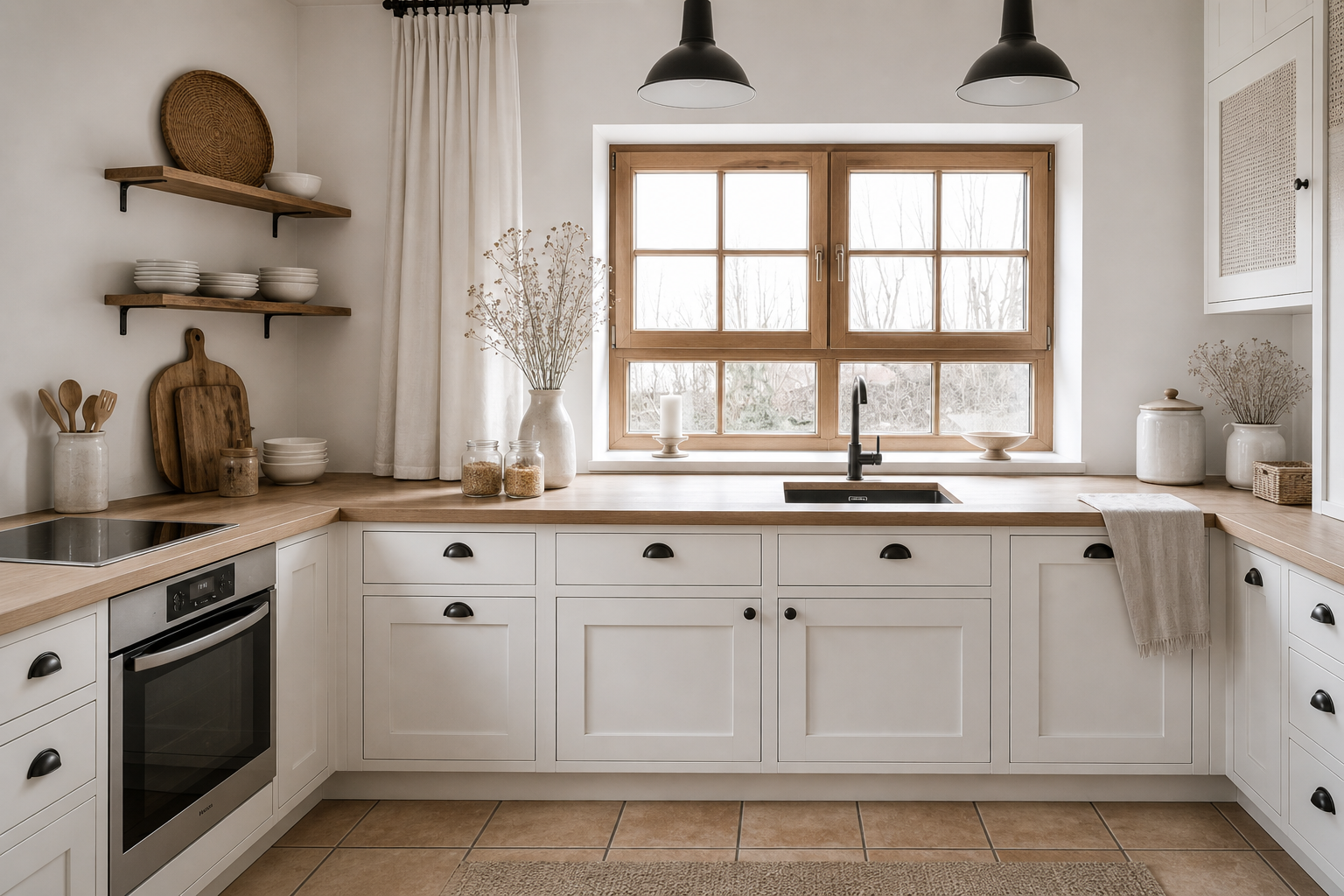 A rendered kitchen with a wooden window, black taps, open shelving