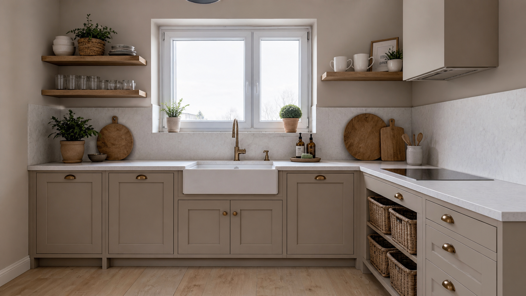 Photorealistic kitchen rendered by Visionary Kitchen — taupe cabinetry, marble backsplash, brass hardware