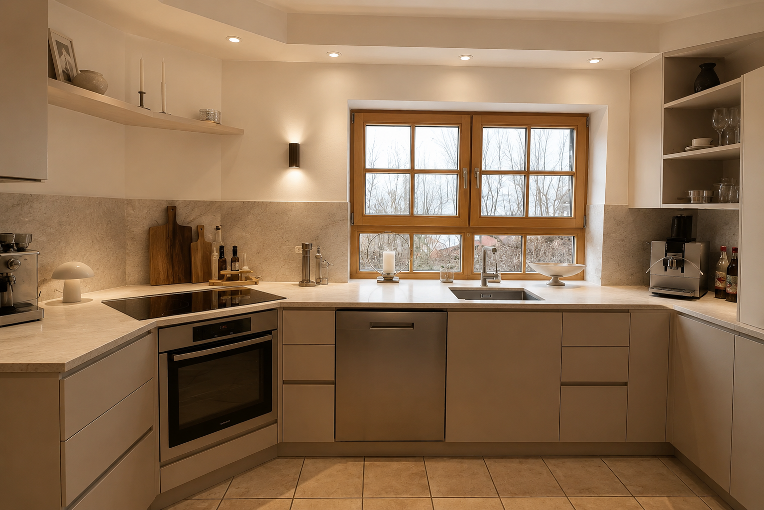 White farmhouse kitchen with wood window